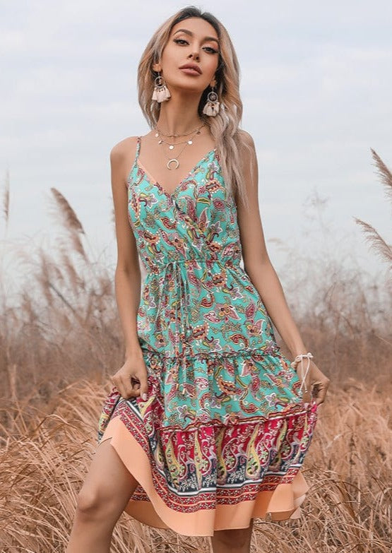 Surplice Neck Paisley Print Dress