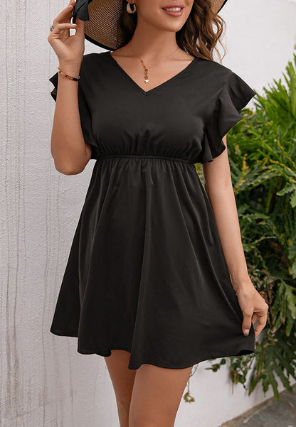 Solid V Neck Tie Back Dress