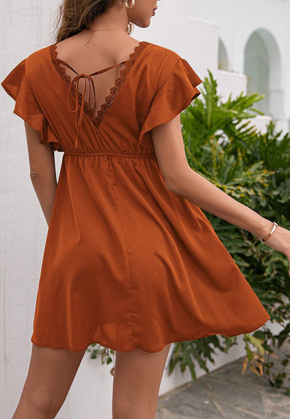 Solid V Neck Tie Back Dress