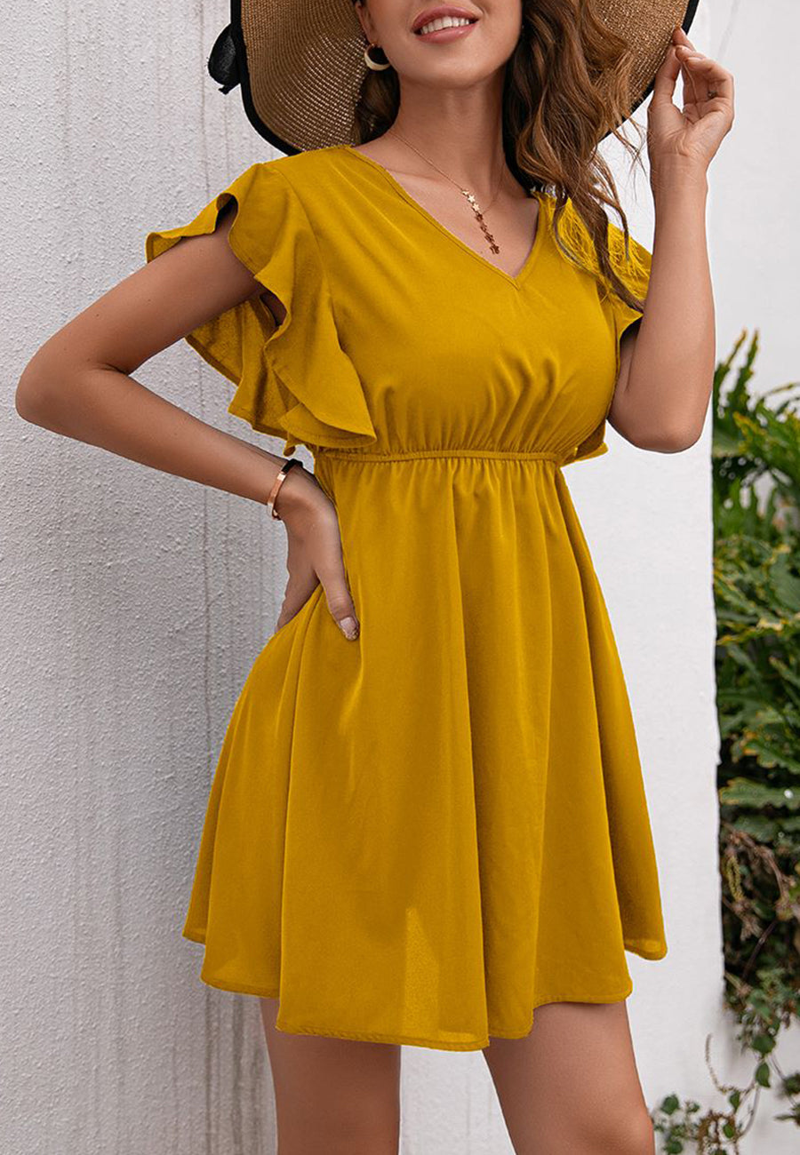 Solid V Neck Tie Back Dress