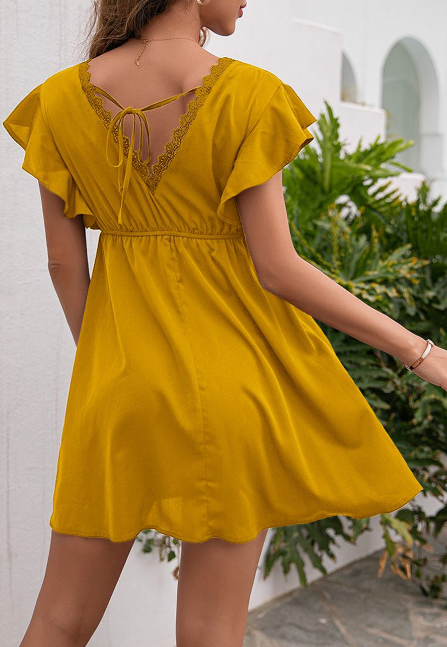 Solid V Neck Tie Back Dress