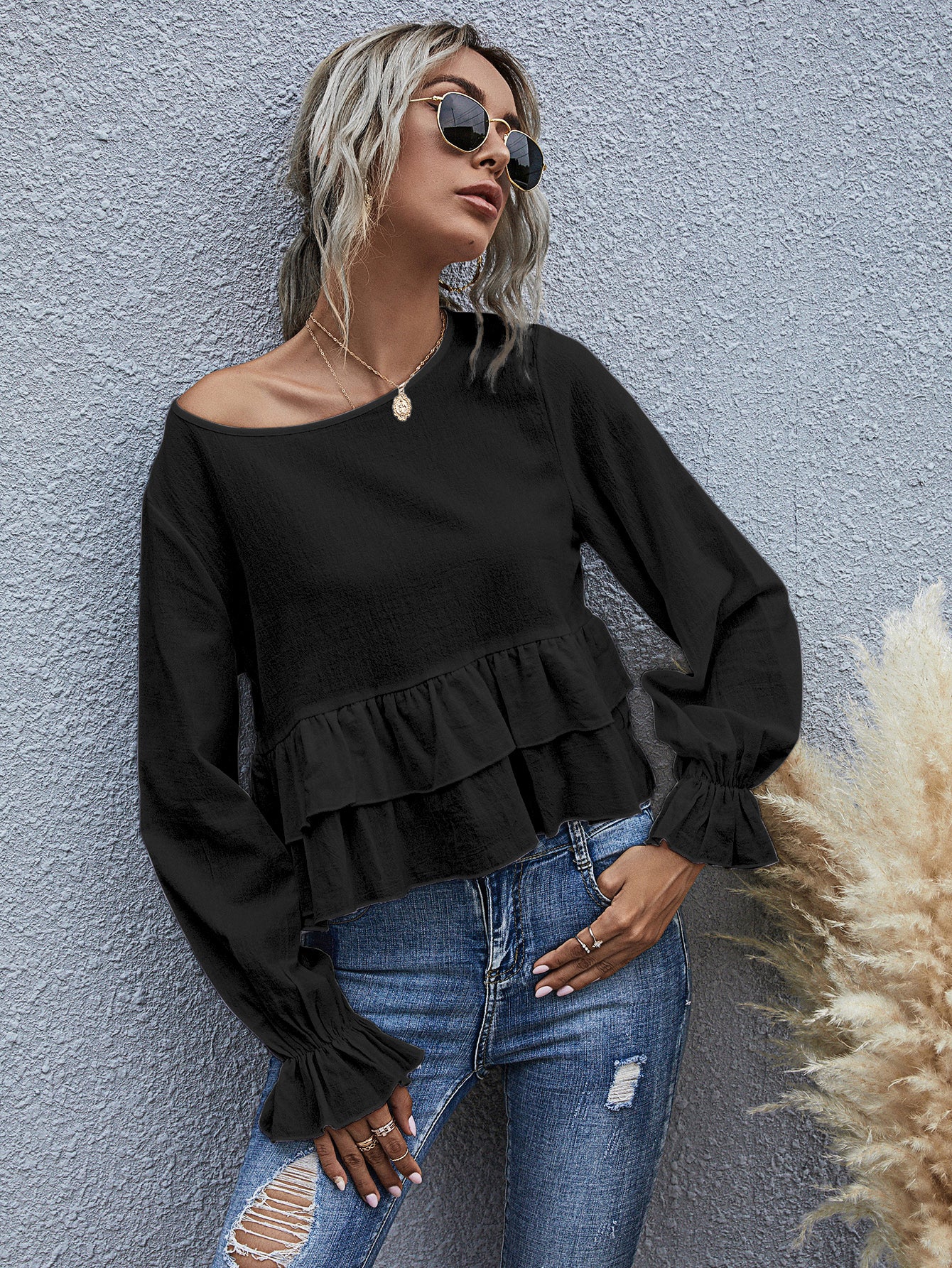 Ruffle Semi Cropped Long Sleeve Blouse