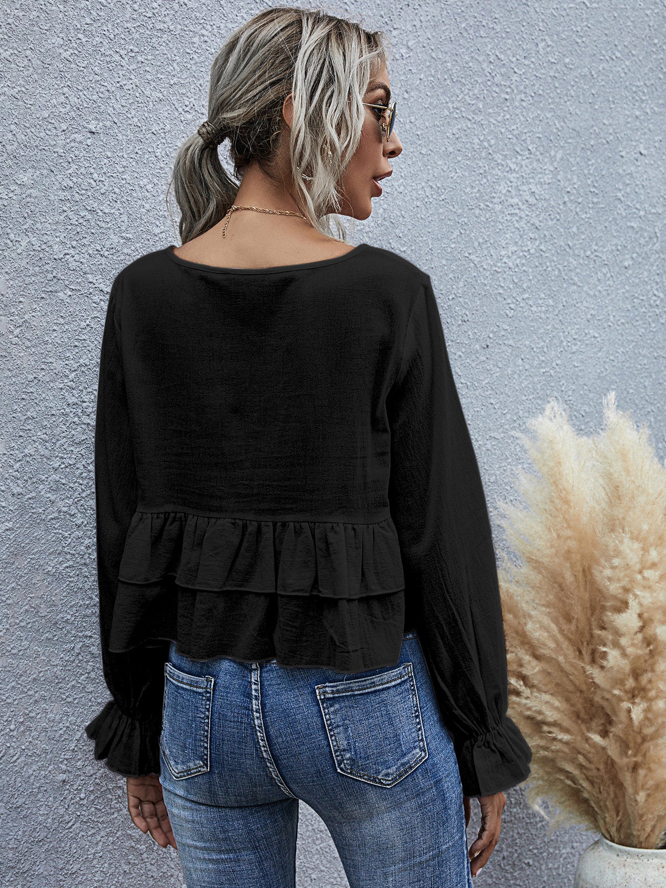 Ruffle Semi Cropped Long Sleeve Blouse