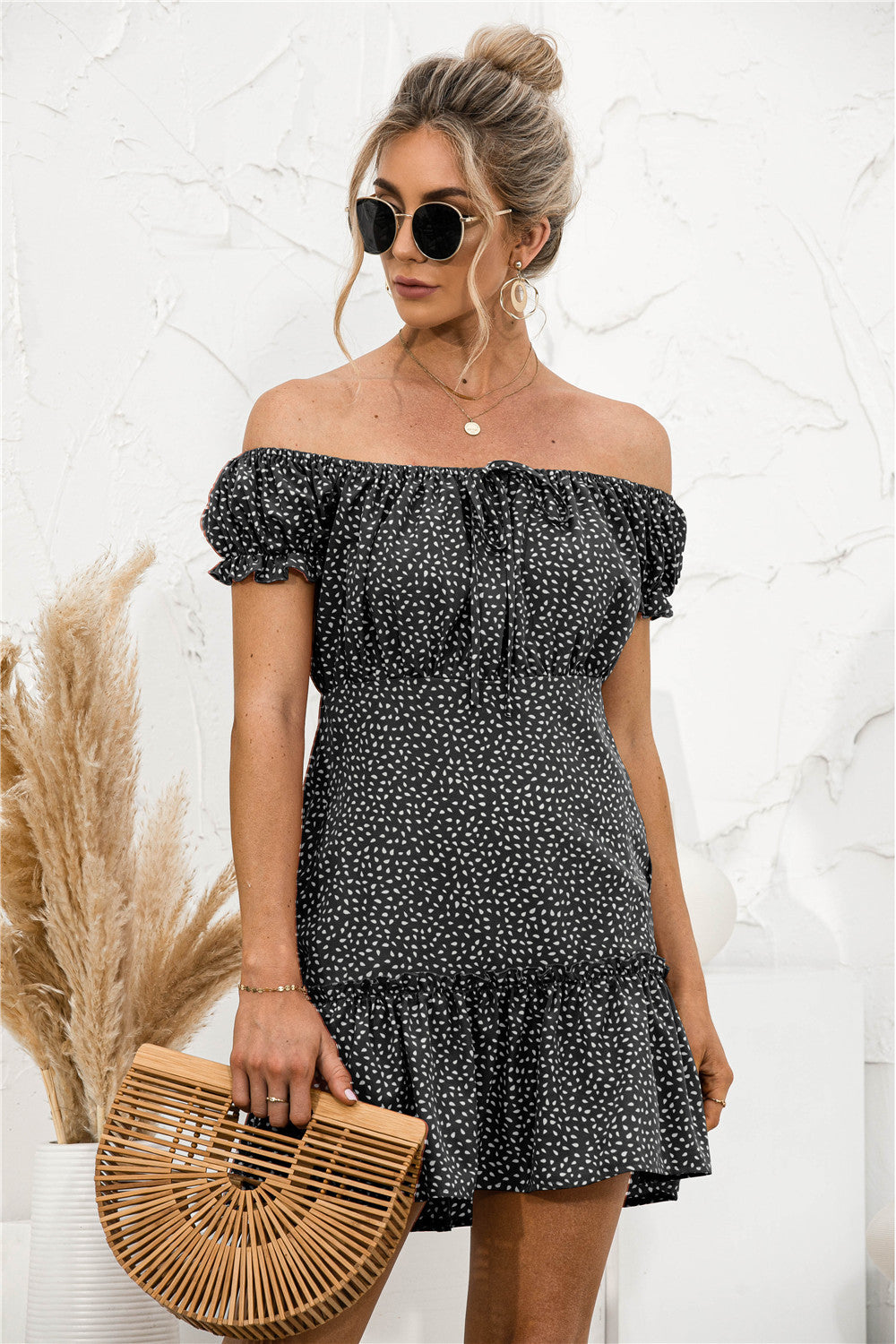 Summer off shoulder polka dot printed falbala dress online