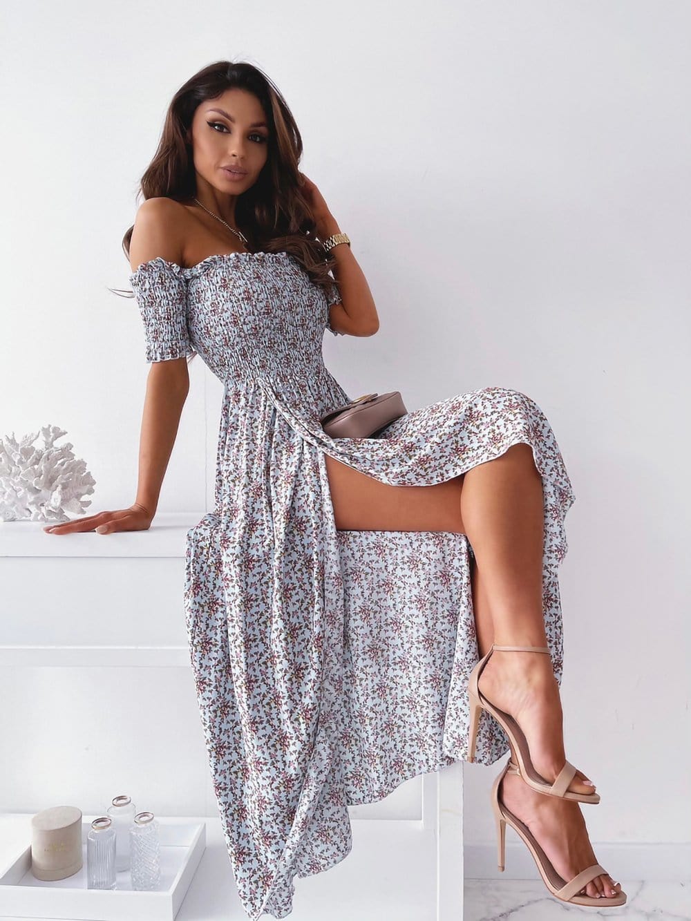 Smocked Wrap Off-Shoulder Maxi Dress