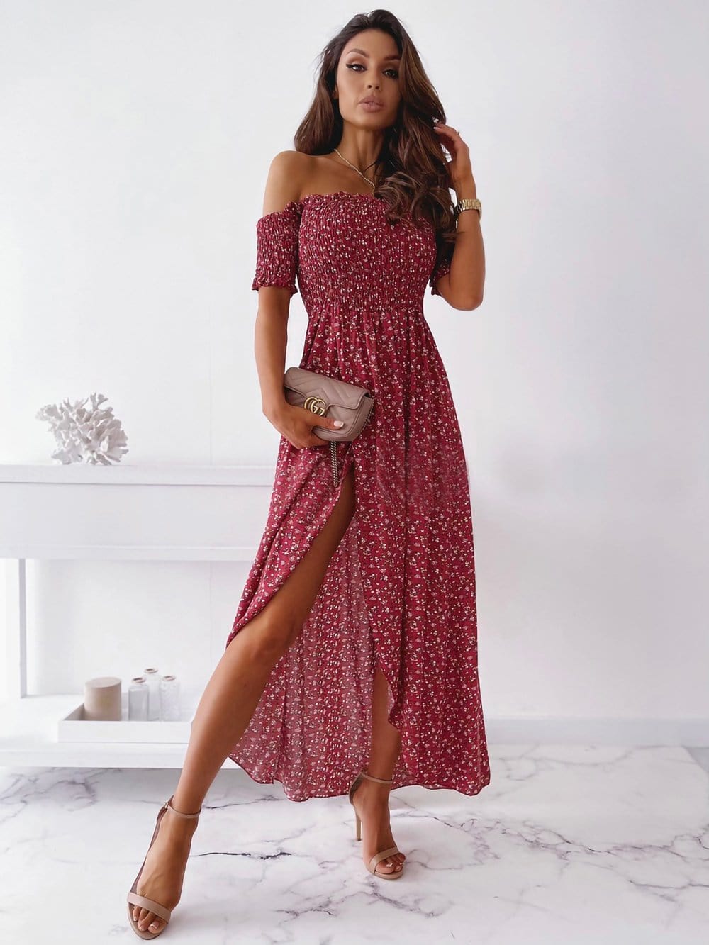 Smocked Wrap Off-Shoulder Maxi Dress