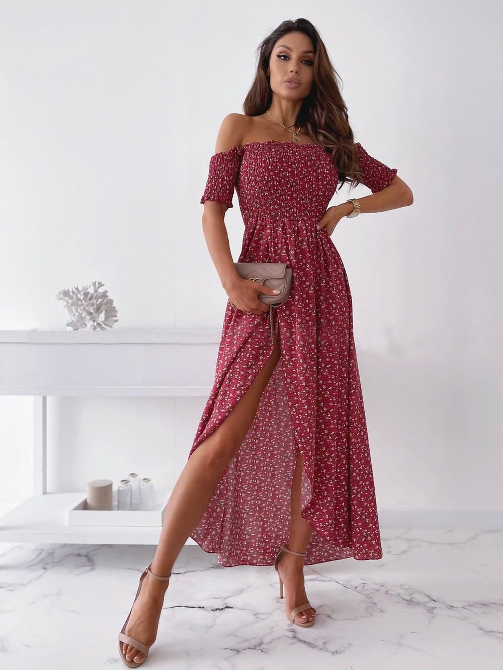 Smocked Wrap Off-Shoulder Maxi Dress