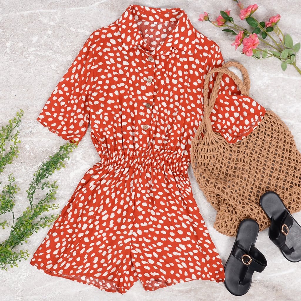 Button Collar Printed Romper