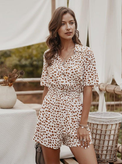 Button Collar Printed Romper