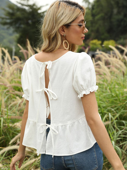 Puff Sleeve Ribbon Back Blouse