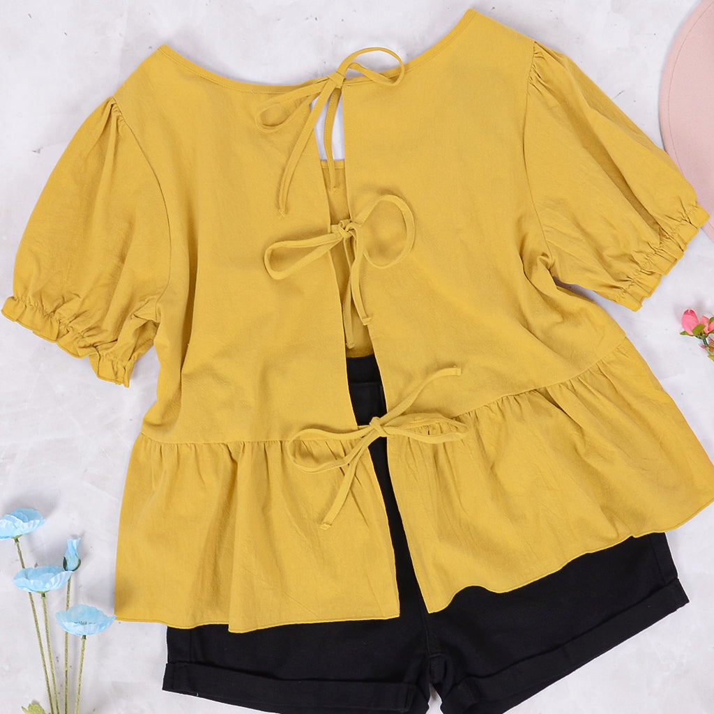 Puff Sleeve Ribbon Back Blouse