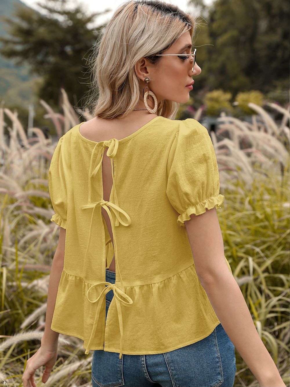 Puff Sleeve Ribbon Back Blouse