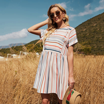 Round Neck Multicolor Striped Dress