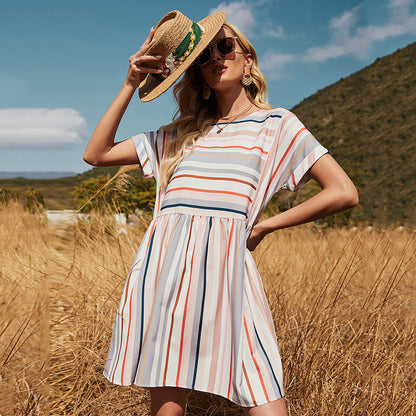 Round Neck Multicolor Striped Dress