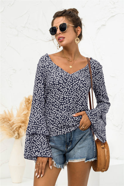 Soft Daisy V-Neck Bell Sleeve Blouse