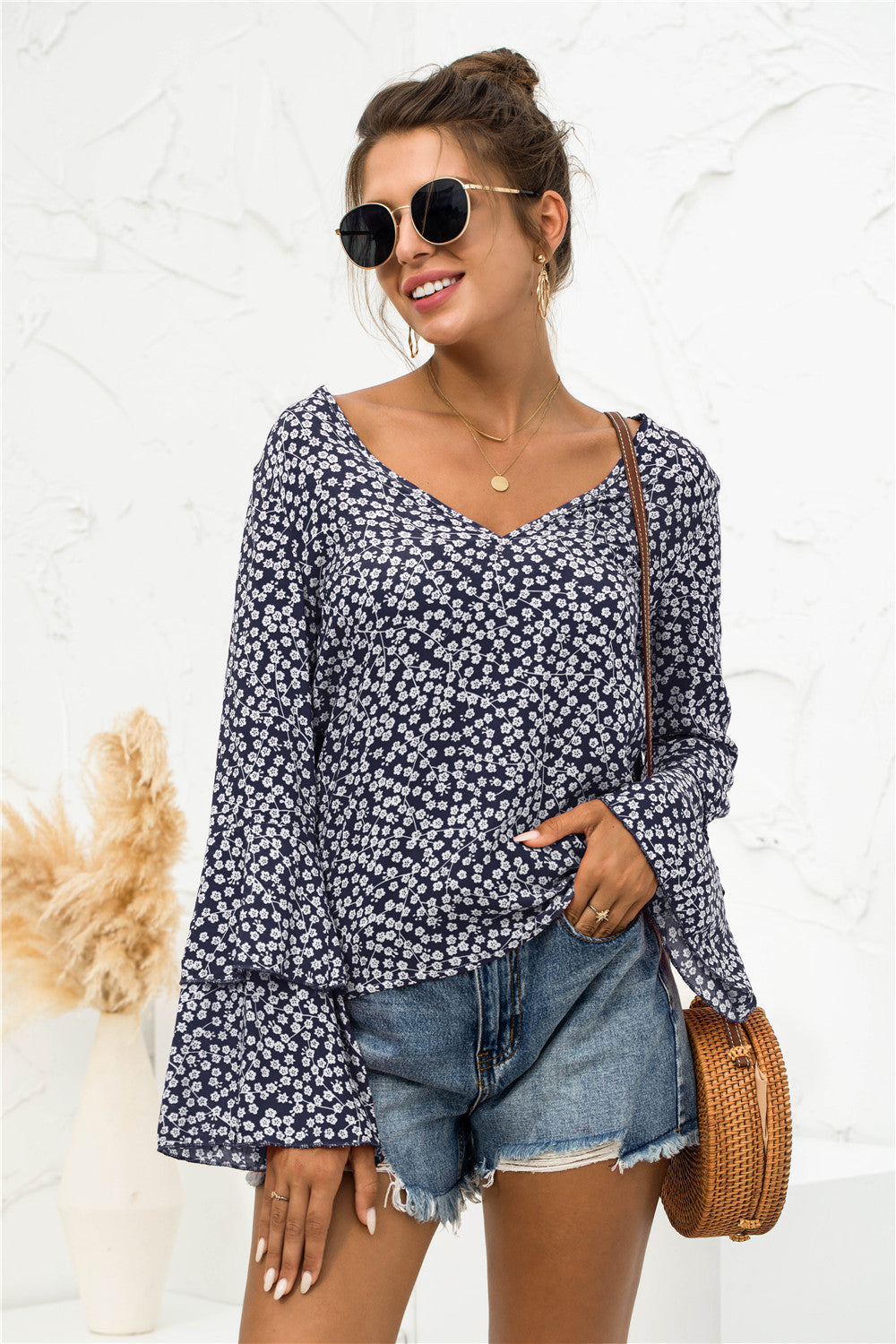 Soft Daisy V-Neck Bell Sleeve Blouse