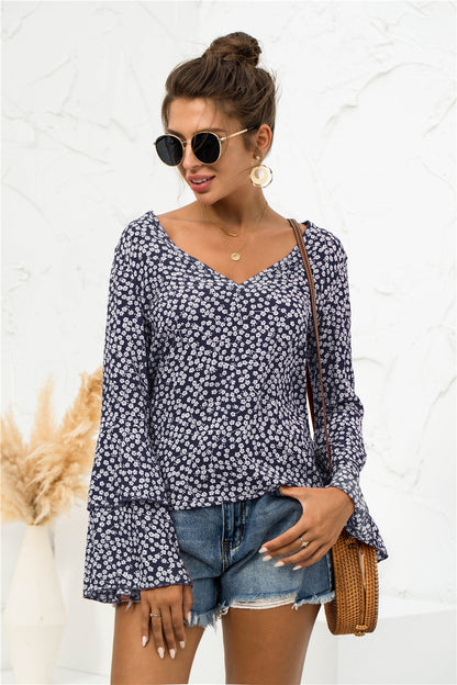 Soft Daisy V-Neck Bell Sleeve Blouse