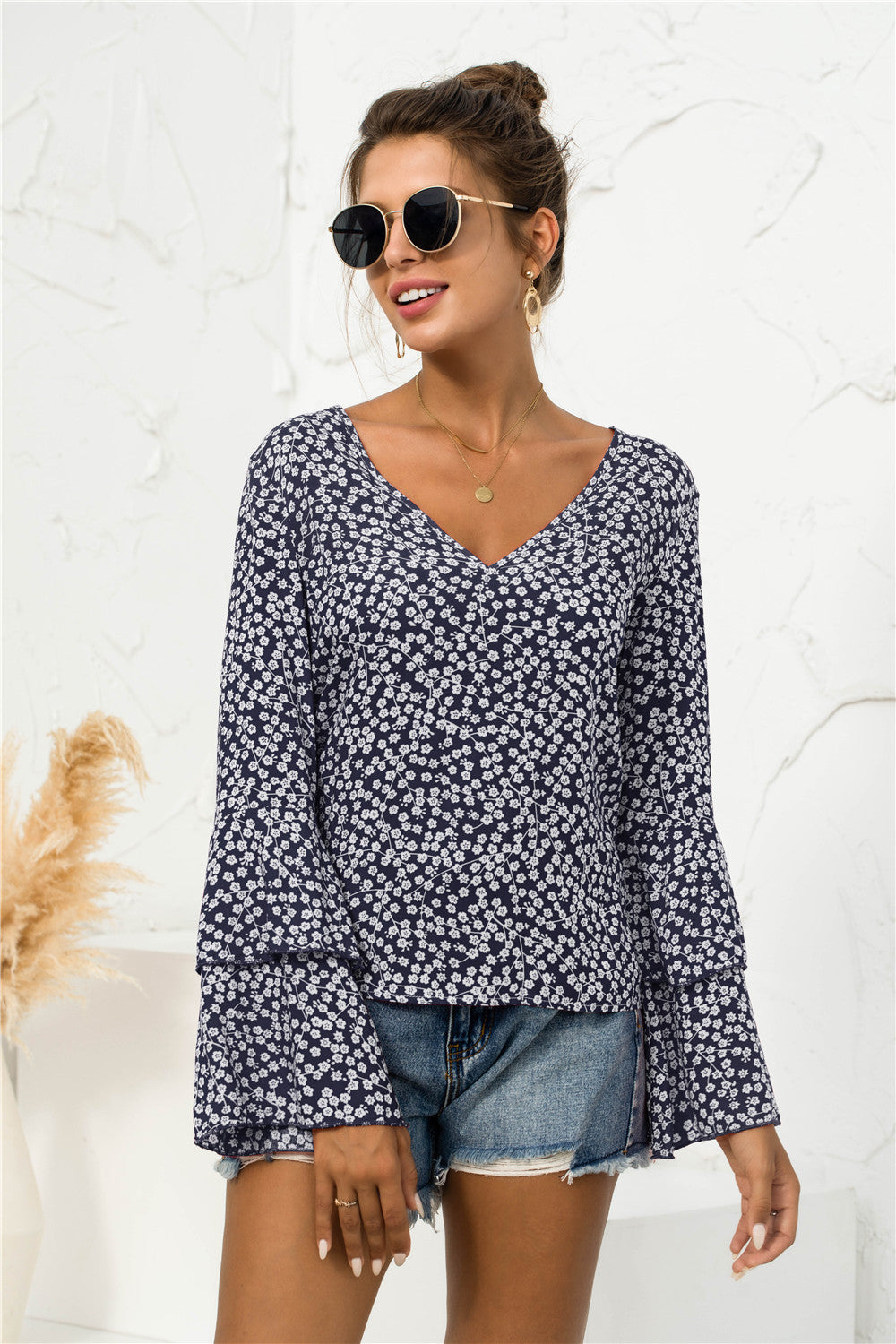 Soft Daisy V-Neck Bell Sleeve Blouse