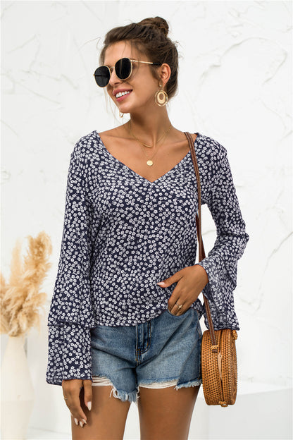 Soft Daisy V-Neck Bell Sleeve Blouse