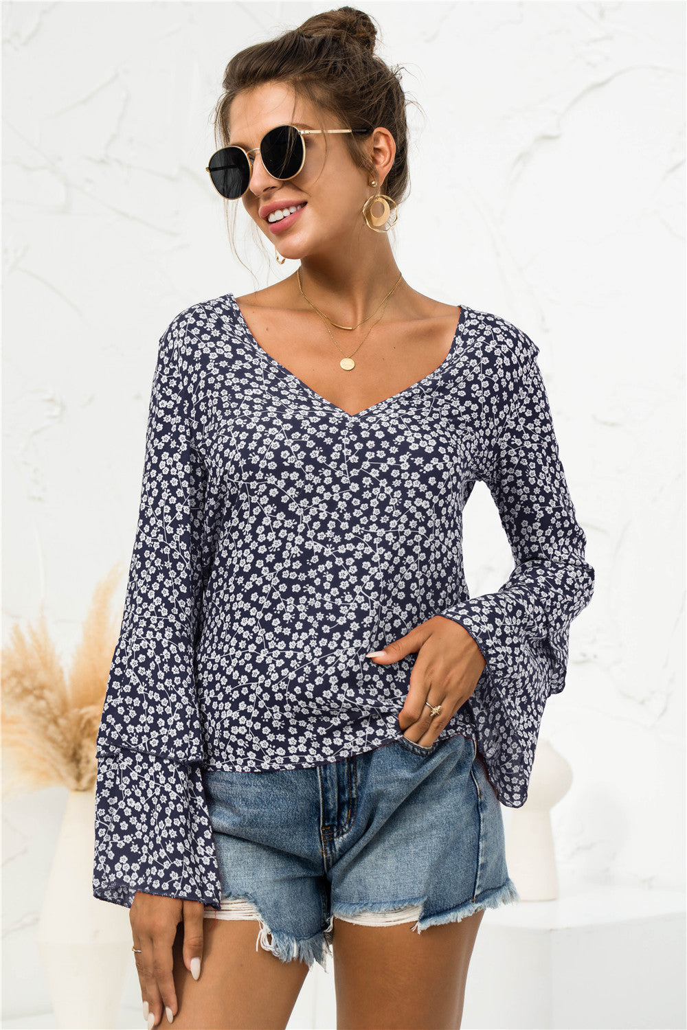 Soft Daisy V-Neck Bell Sleeve Blouse