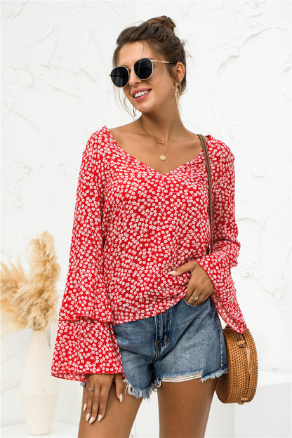 Soft Daisy V-Neck Bell Sleeve Blouse