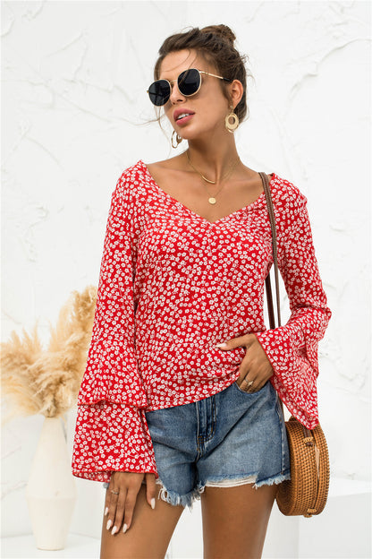 Soft Daisy V-Neck Bell Sleeve Blouse