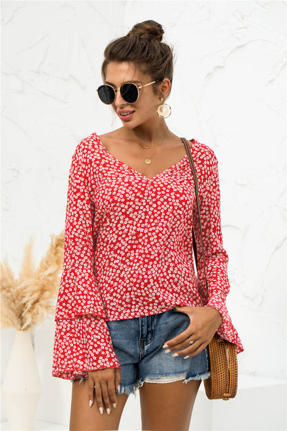 Soft Daisy V-Neck Bell Sleeve Blouse