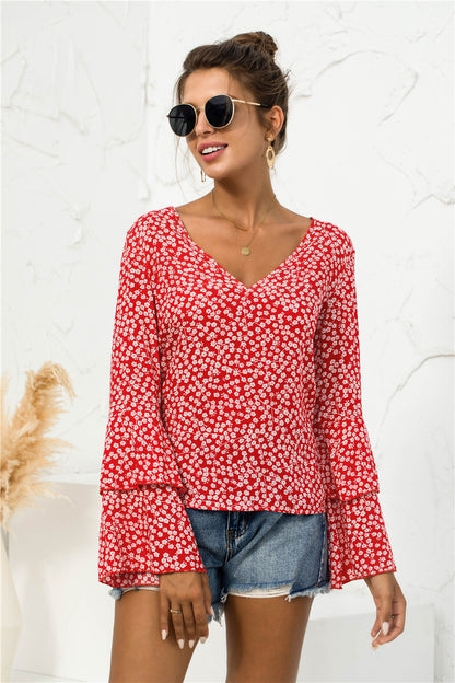 Soft Daisy V-Neck Bell Sleeve Blouse