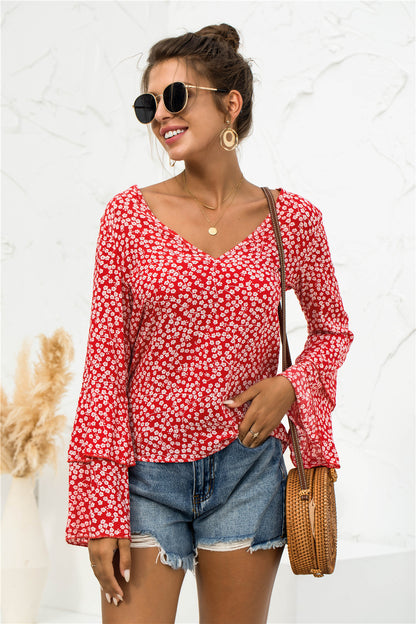 Soft Daisy V-Neck Bell Sleeve Blouse