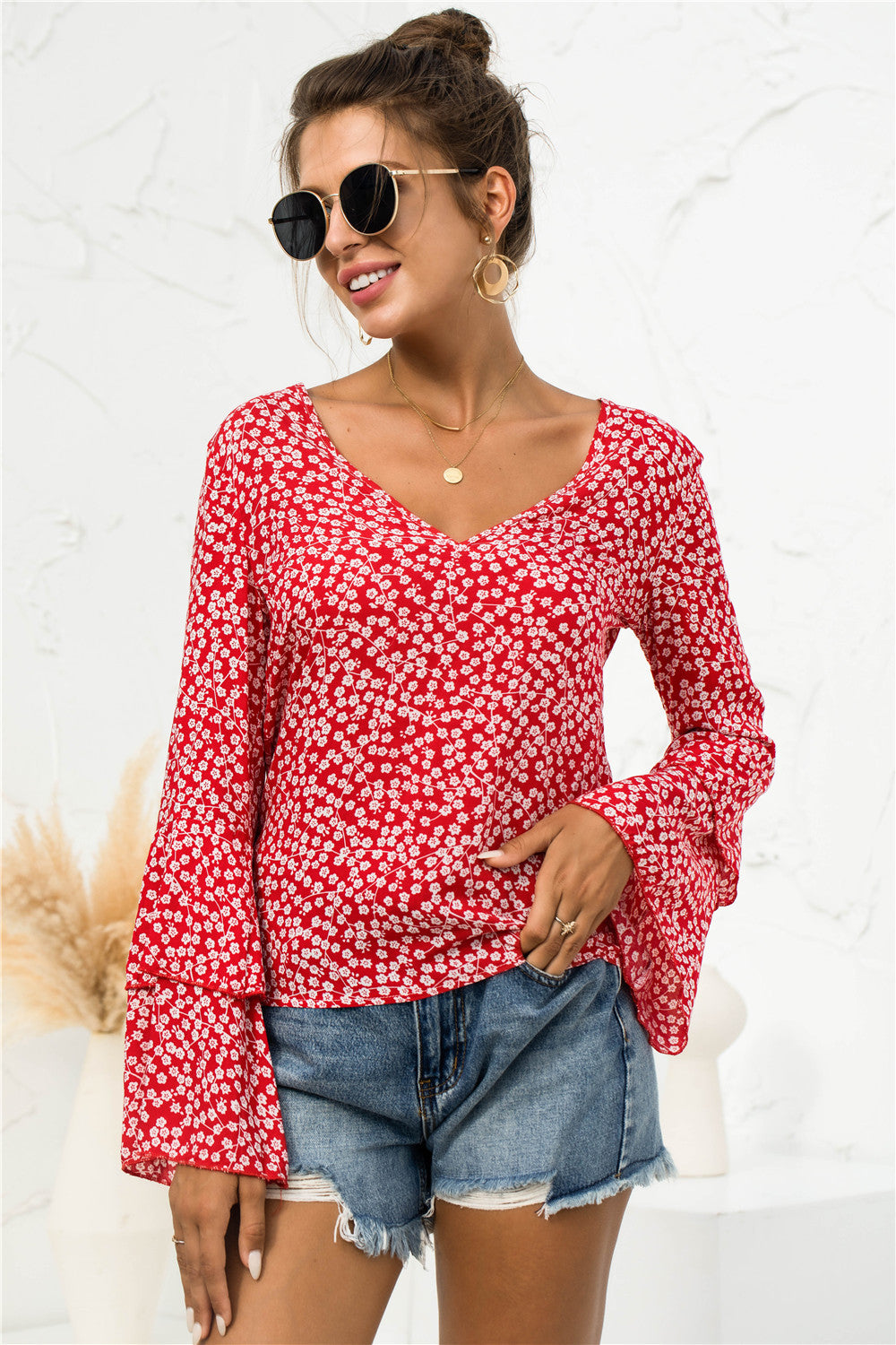 Soft Daisy V-Neck Bell Sleeve Blouse