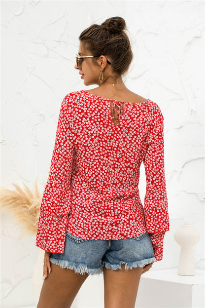 Soft Daisy V-Neck Bell Sleeve Blouse