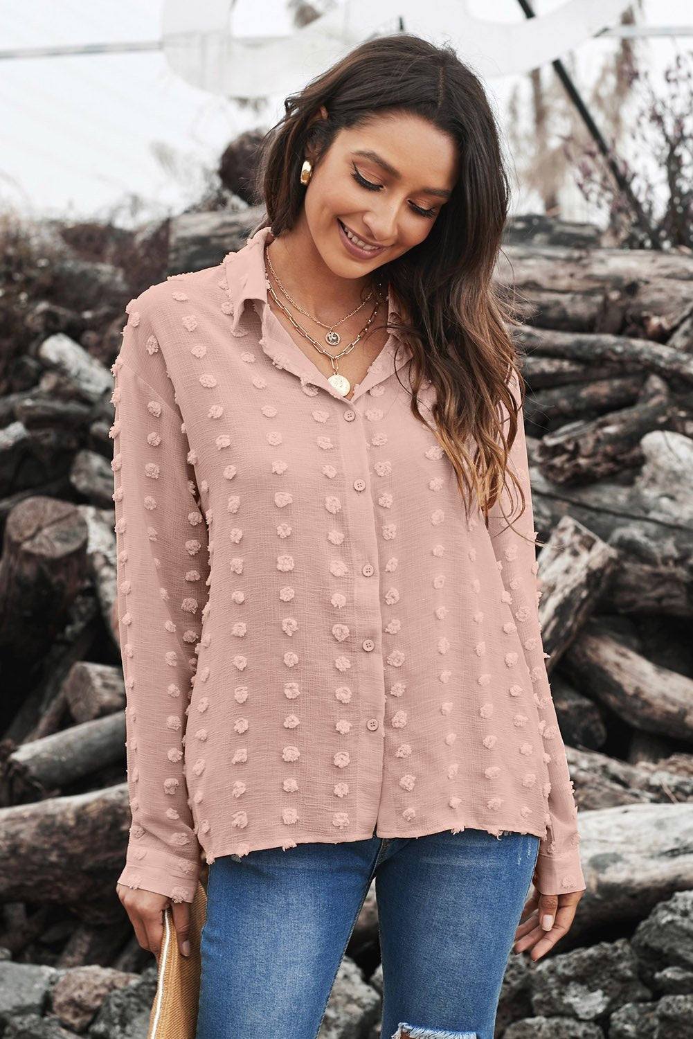 Clip Dot Button Up Collared Top