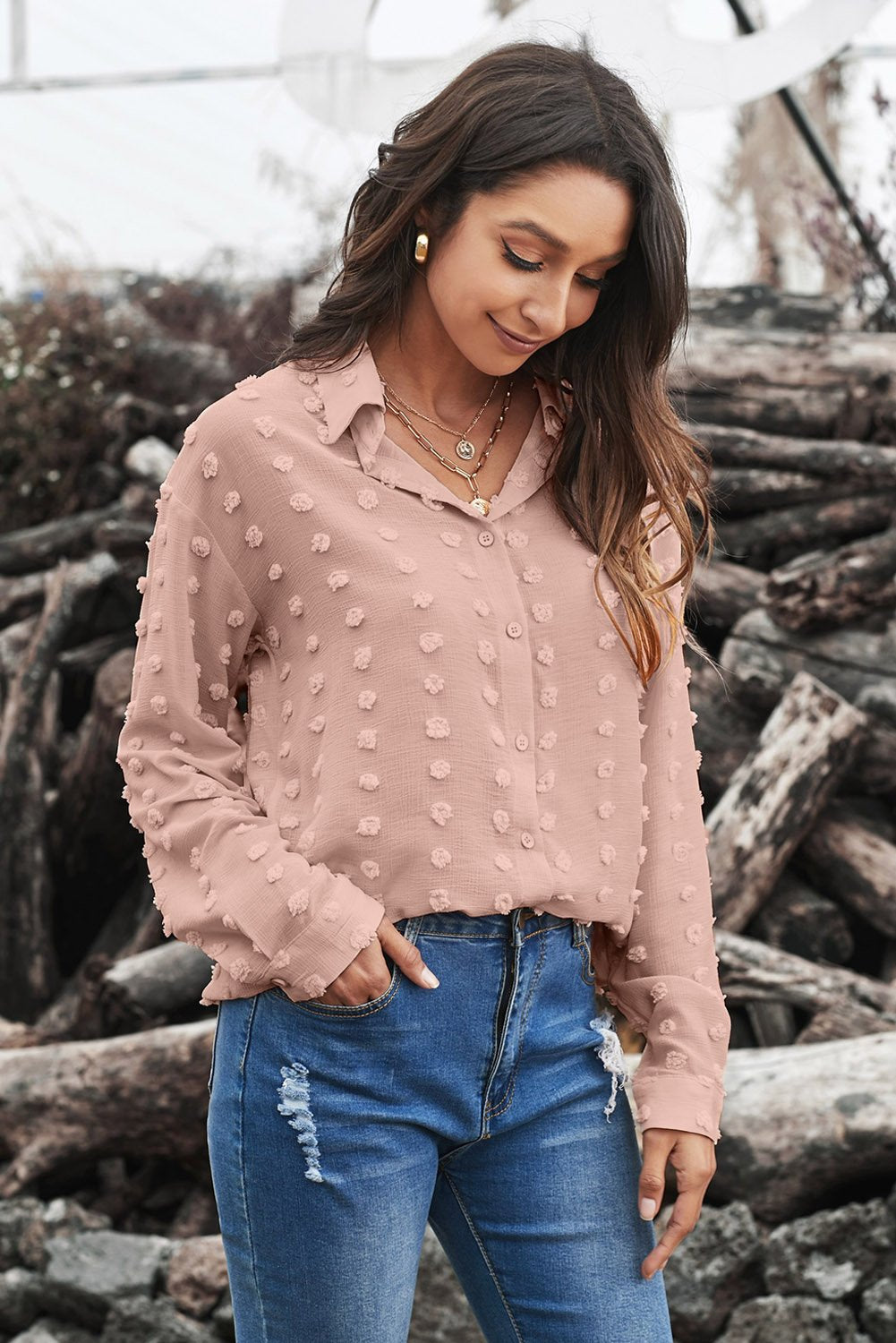 Clip Dot Button Up Collared Top