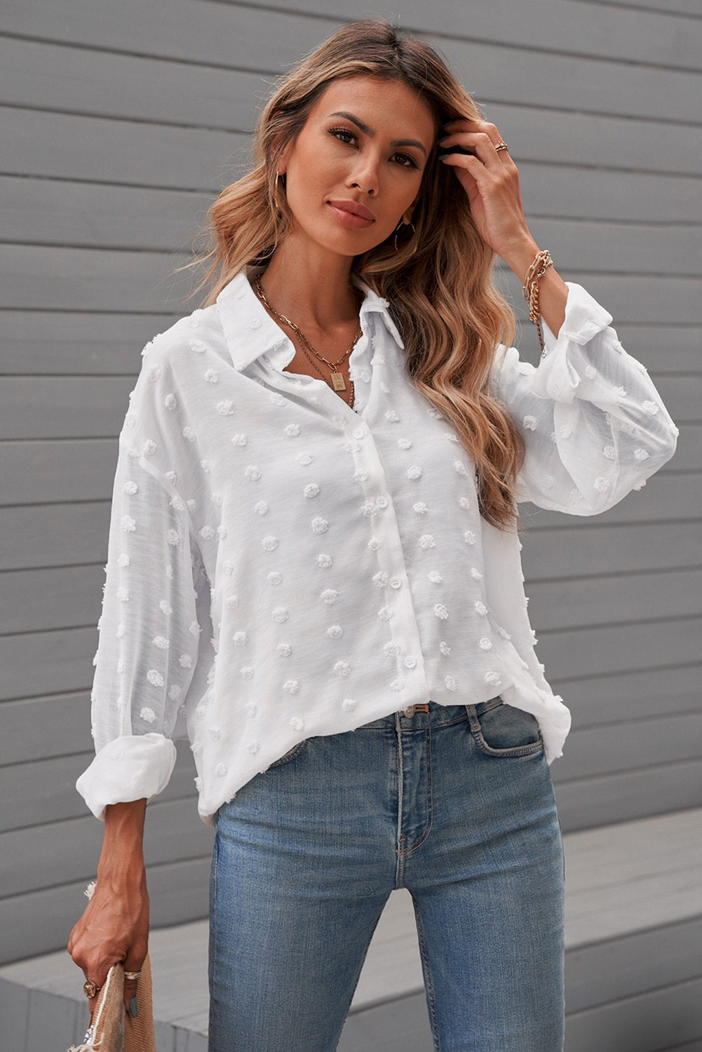 Clip Dot Button Up Collared Top