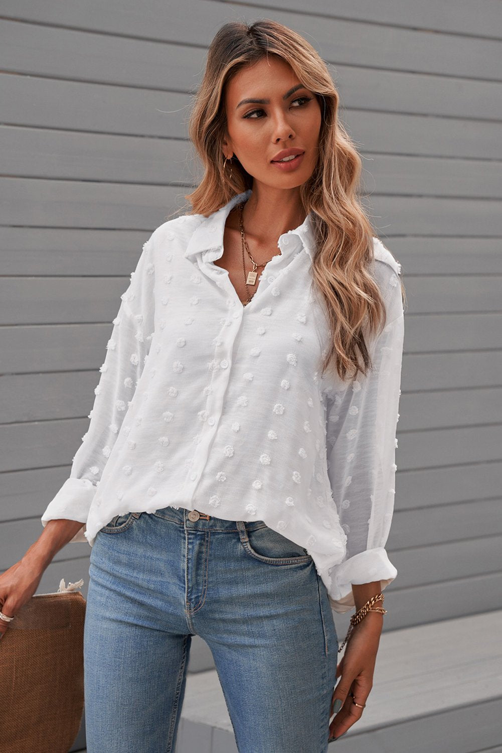 Clip Dot Button Up Collared Top