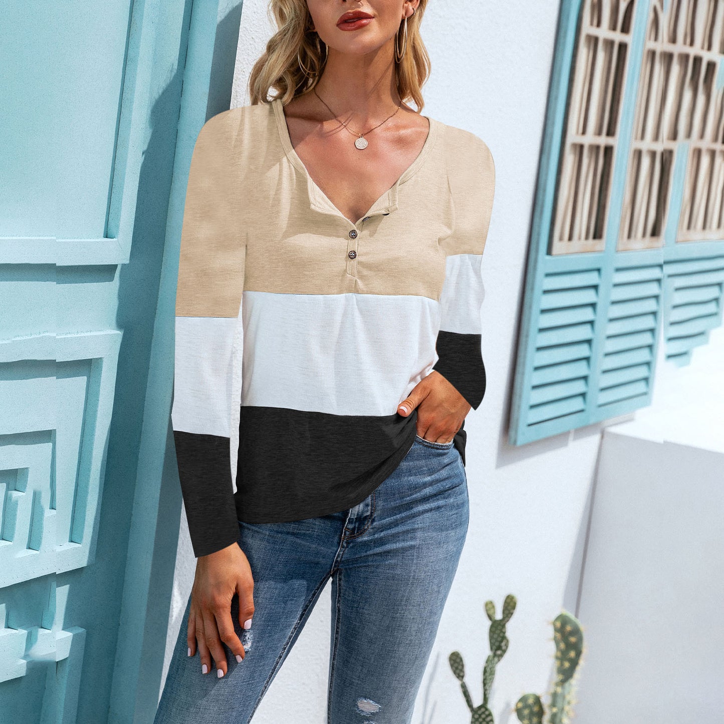 Color Block Button V-Neck Top