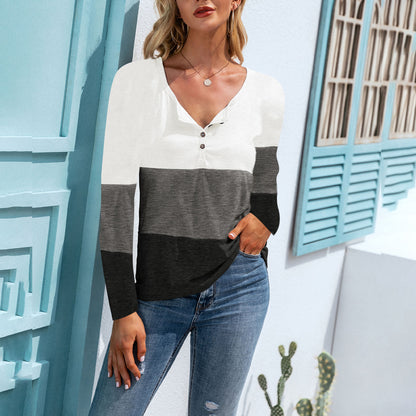 Color Block Button V-Neck Top