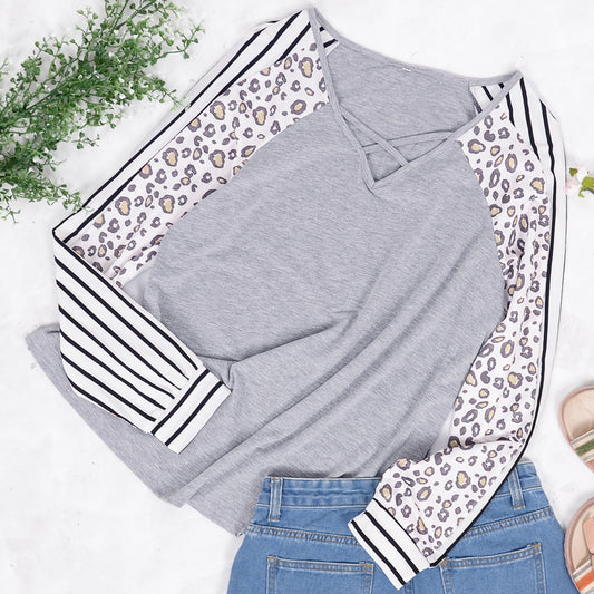 Striped Leopard Print Long Sleeve Top