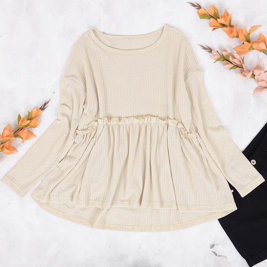 Waffle Knit Ruffle Long Sleeve Top