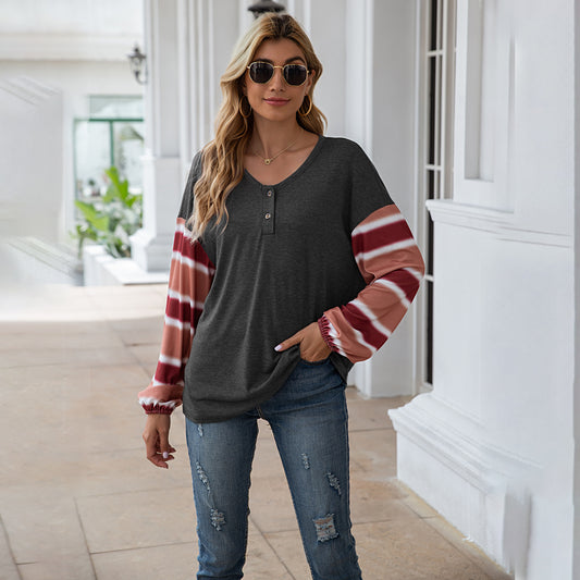 Henley Striped Long Sleeve Top