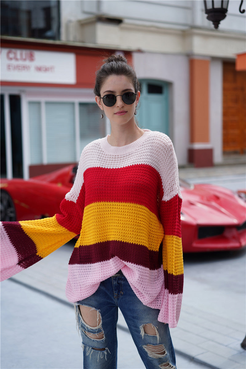 Striped color outlet block sweater