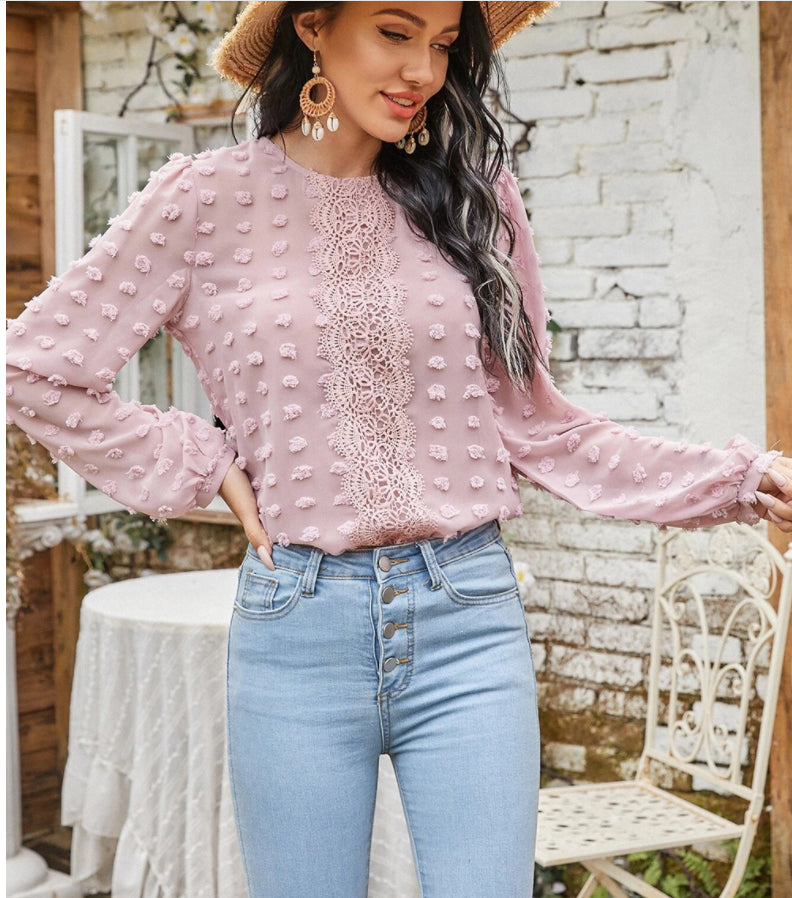 Clip Dot Lace Detail Blouse