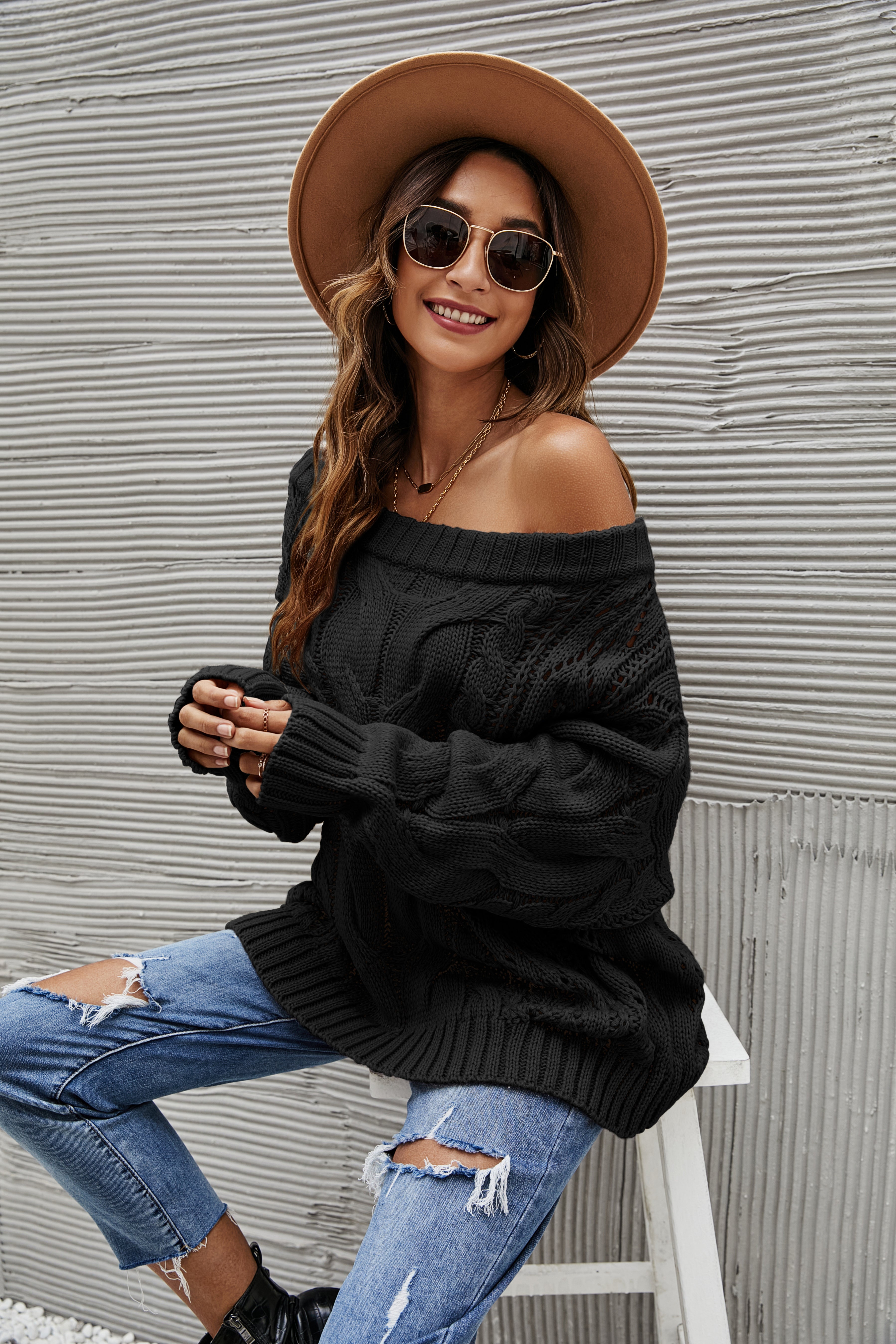 Oversized off the shoulder hotsell knit sweater