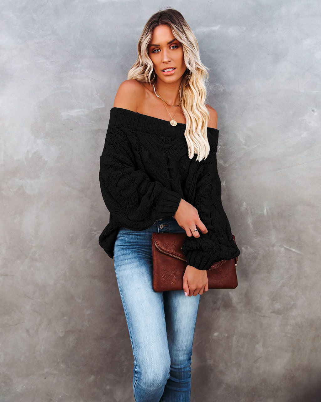 Off shoulder cable top knit sweater