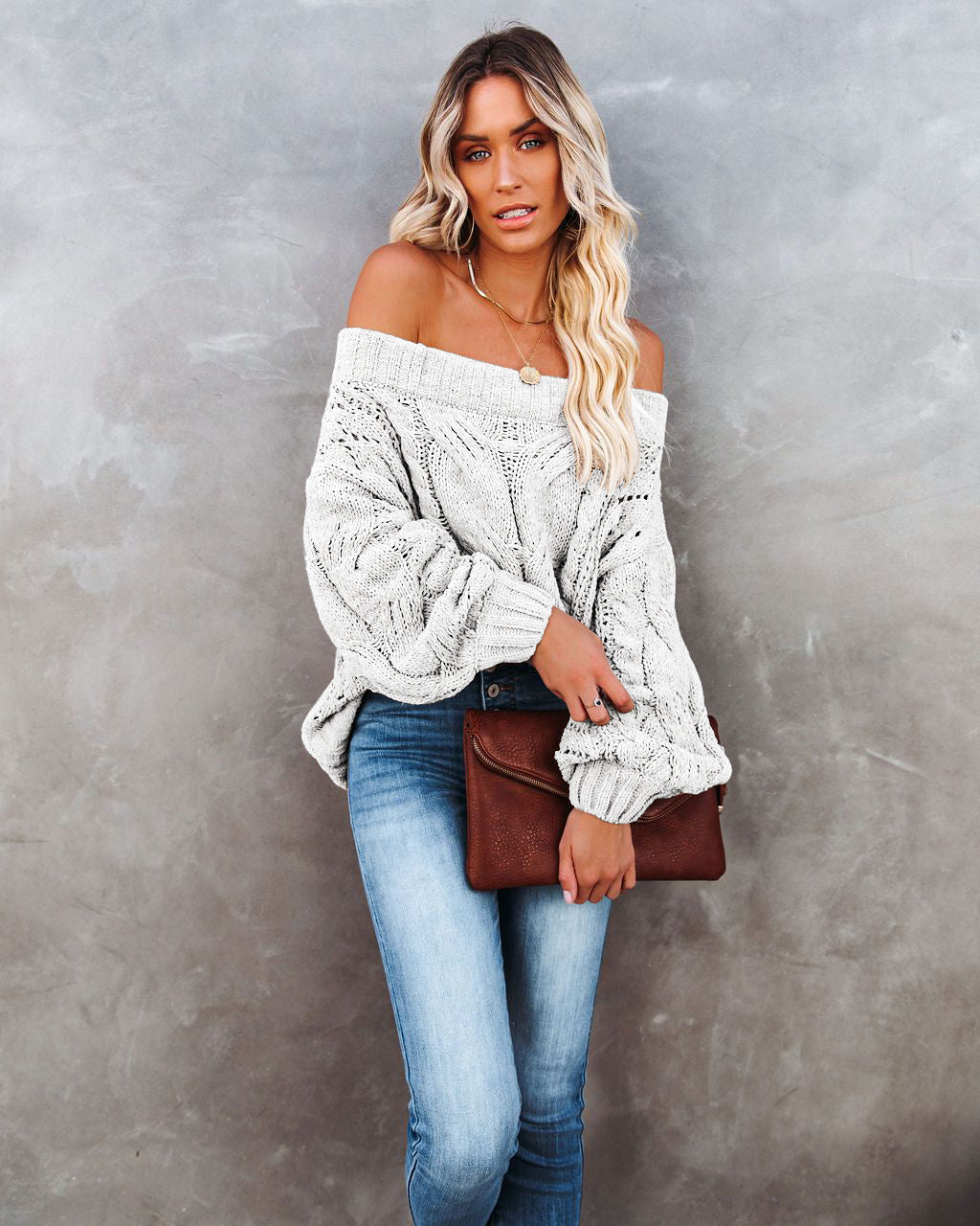 Off Shoulder Cable Knit Sweater