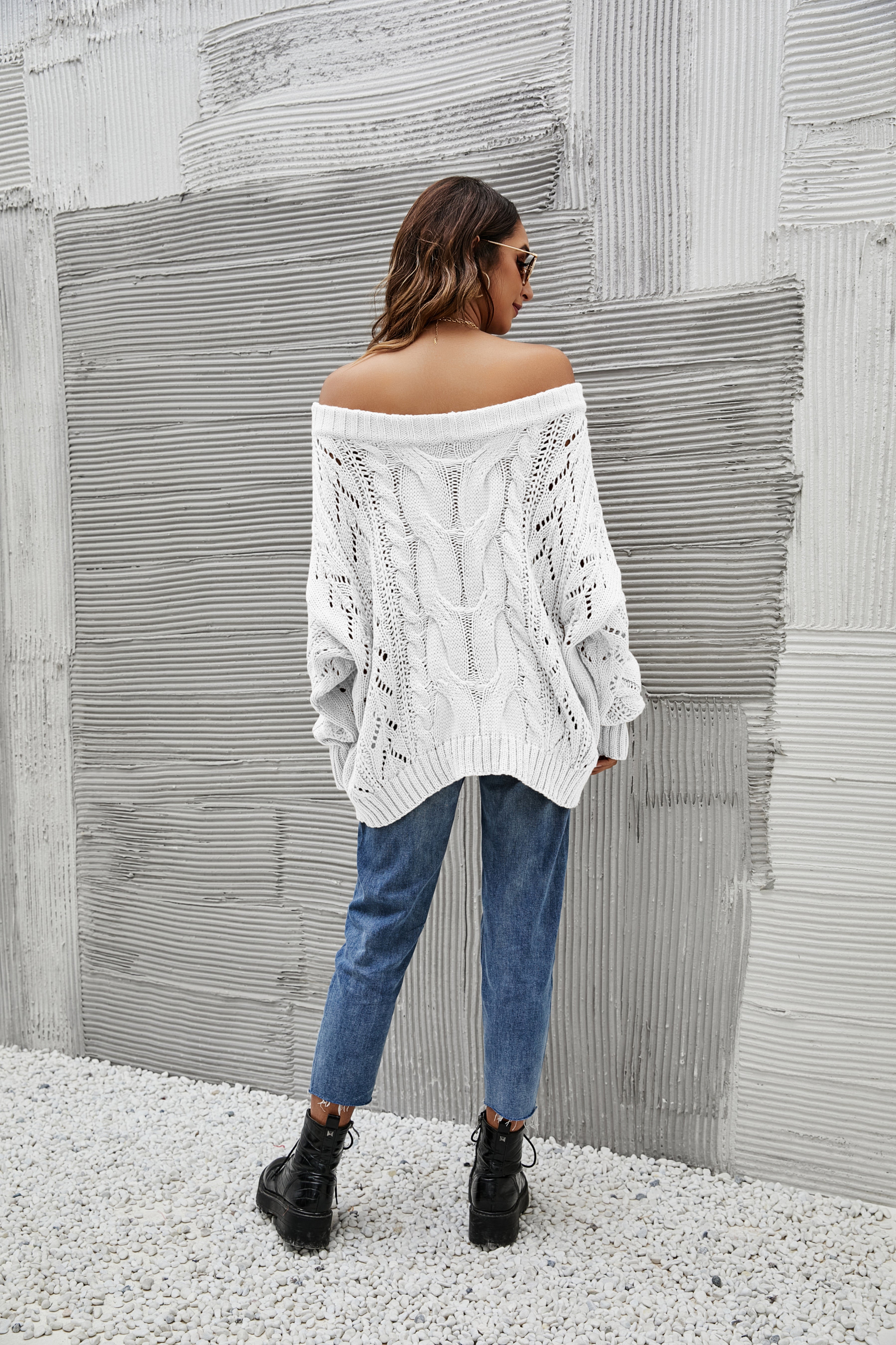 Off Shoulder Long Sleeve Oversized Cable Knit Sweater for Women