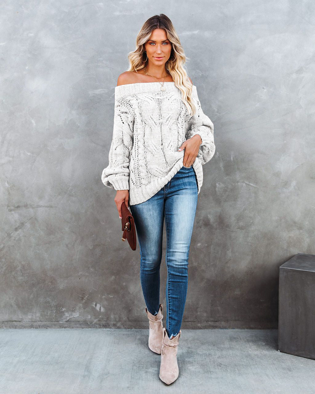 Off Shoulder Cable Knit Sweater