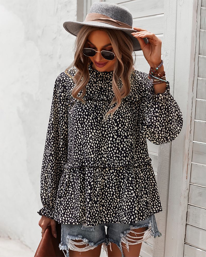 Ruffle Neck Cheetah Print Blouse