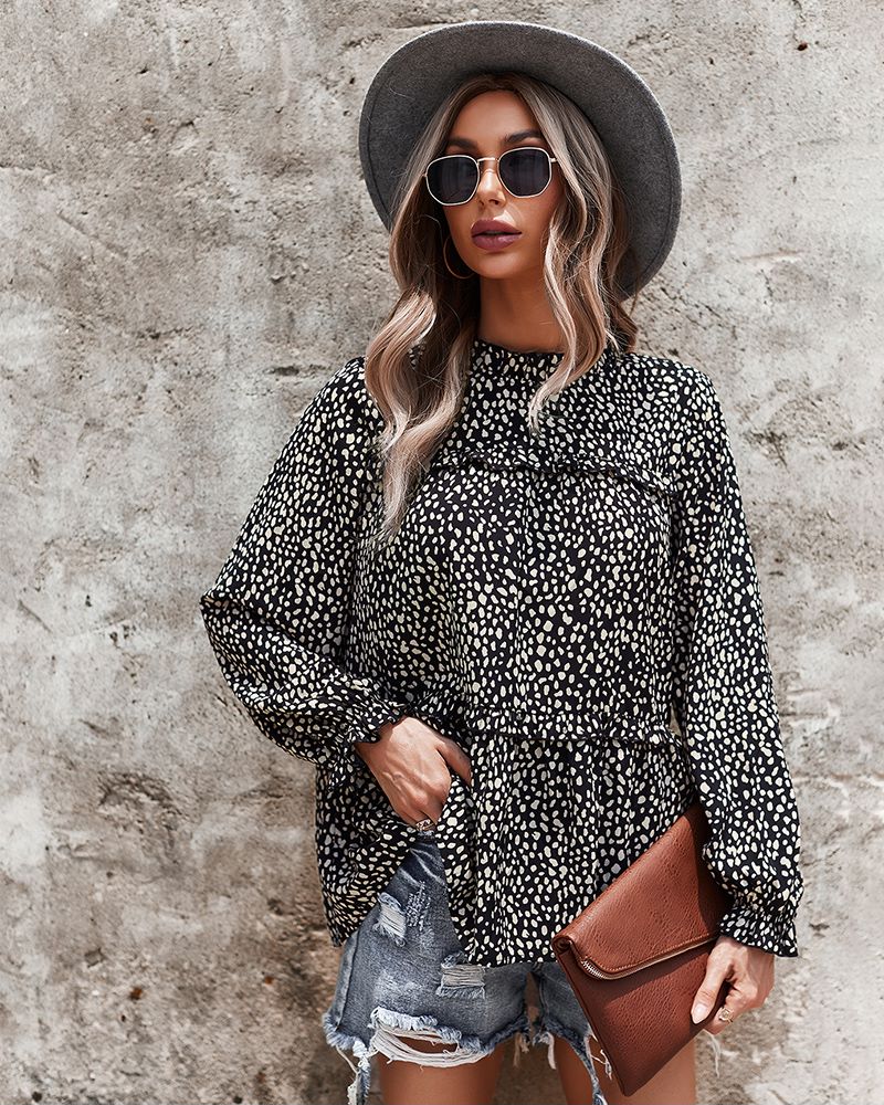 Ruffle Neck Cheetah Print Blouse