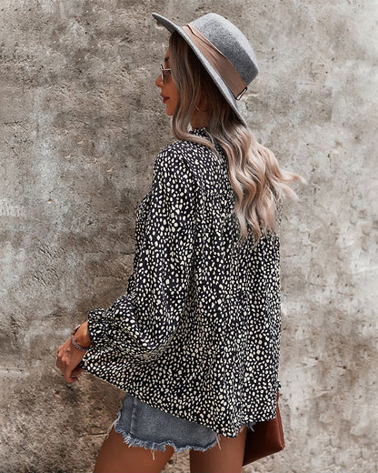 Ruffle Neck Cheetah Print Blouse